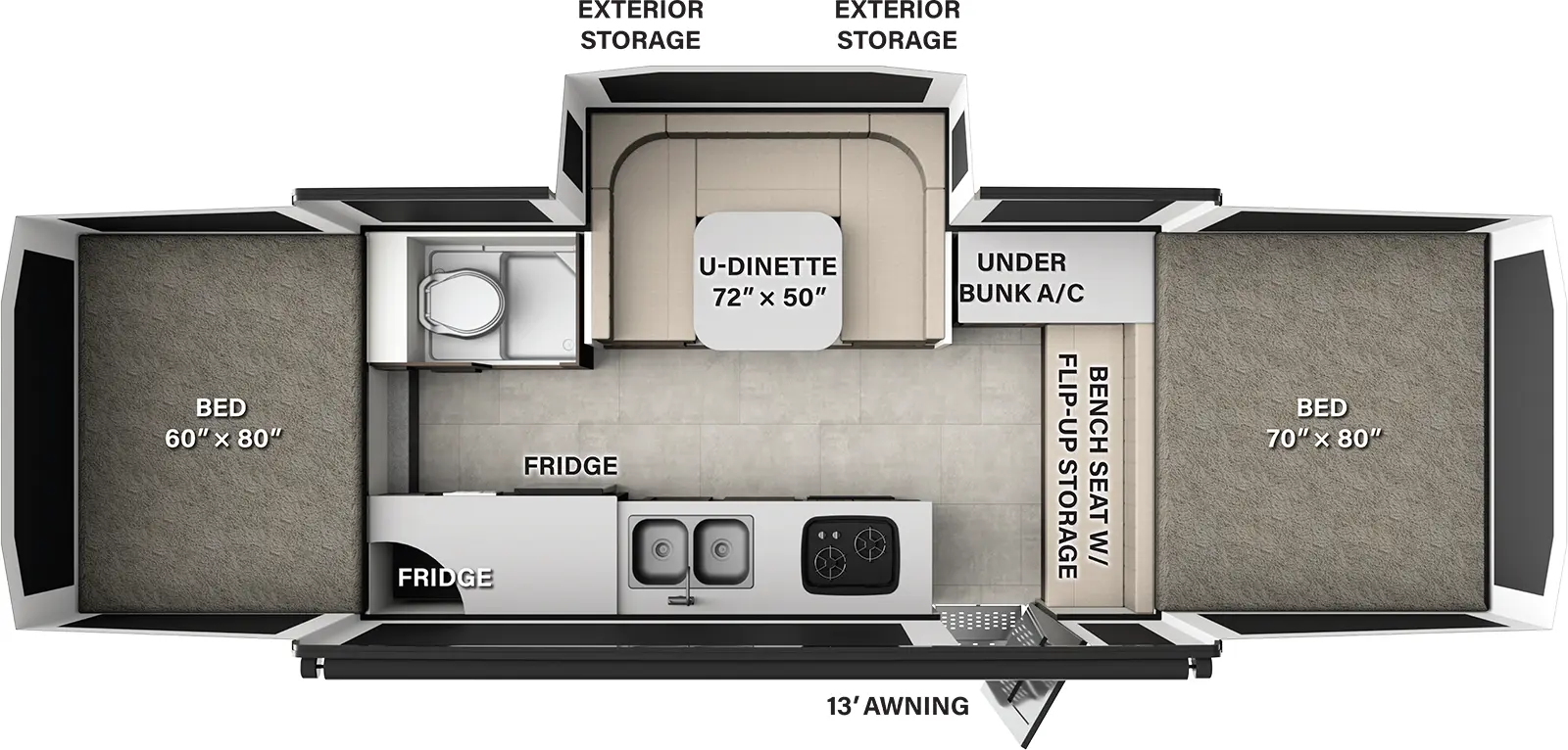 The Flagstaff Tent 27MT floorplan features include: one slide out and toilet.